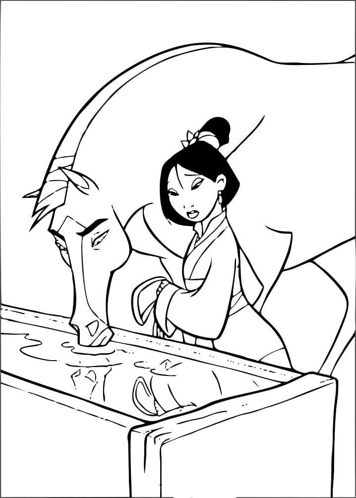 Desenho de Mulan com Cavalo para Colorir