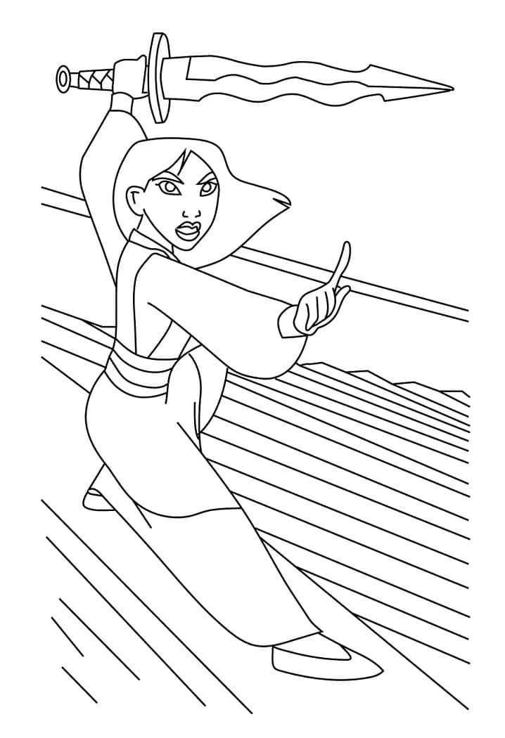Desenho de Mulan com Espada para Colorir