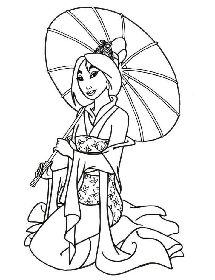 Desenho de Mulan com Guardá Chuva para Colorir