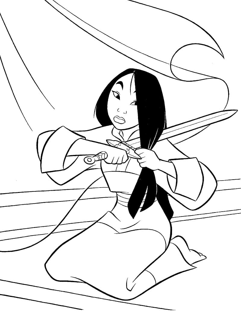Desenho de Mulan Cortando Cabelo para Colorir
