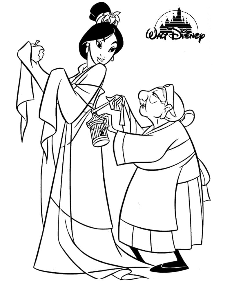 Desenho de Mulan e Avô Fã para Colorir