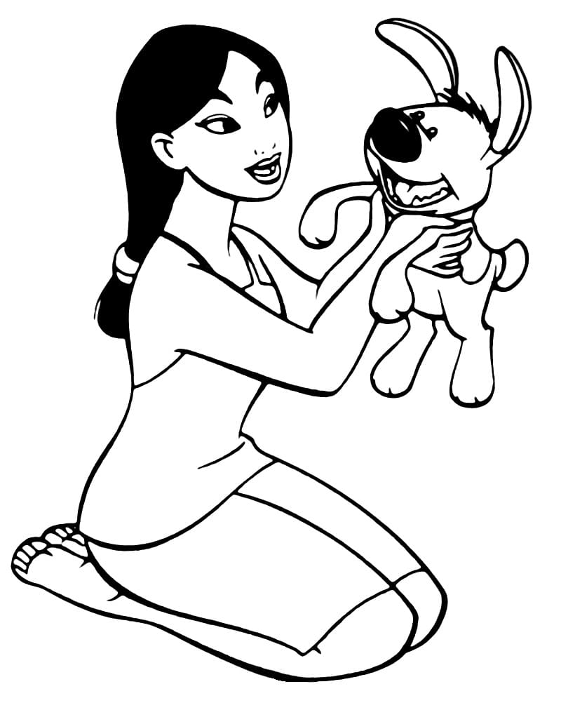 Desenho de Mulan e Cachorrinho para Colorir