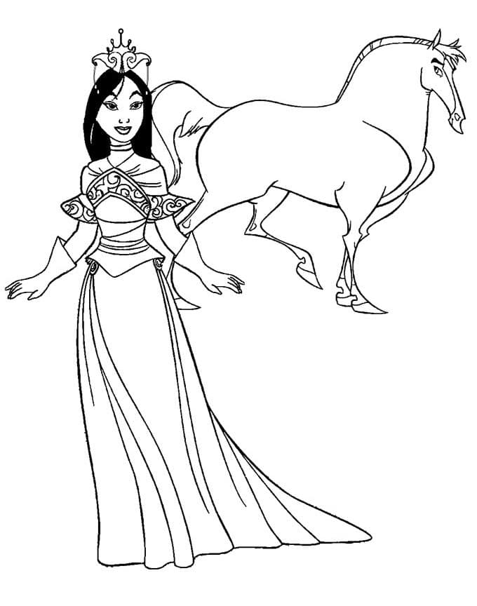 Desenho de Mulan e Cavalo para Colorir