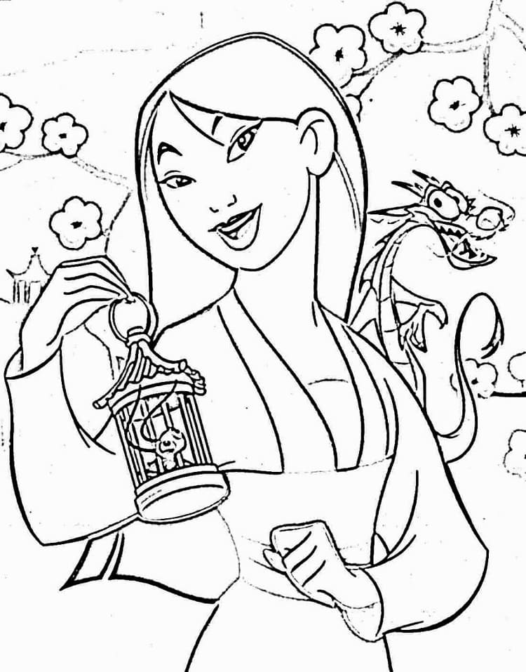 Desenho de Mulan e Mushu para Colorir