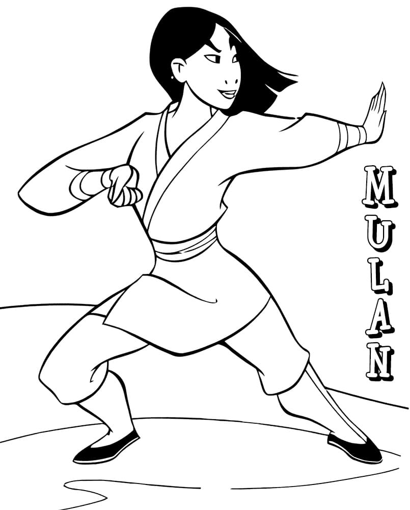 Desenho de Mulan Treinando para Colorir