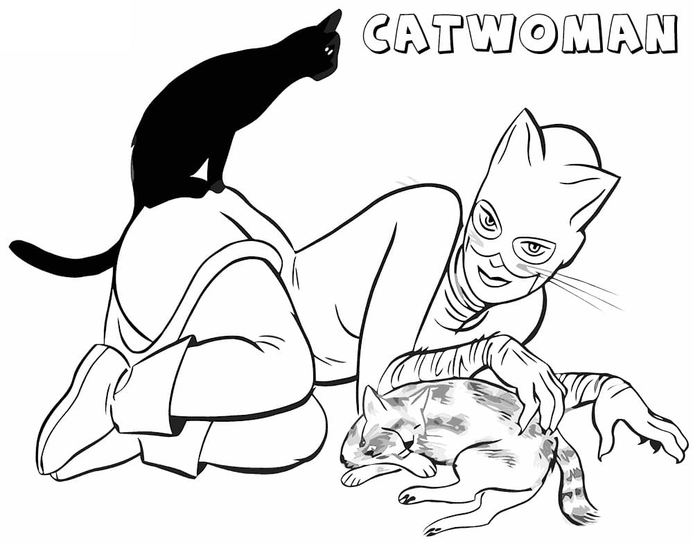 Desenho da Mulher Gato e Gatos para Colorir