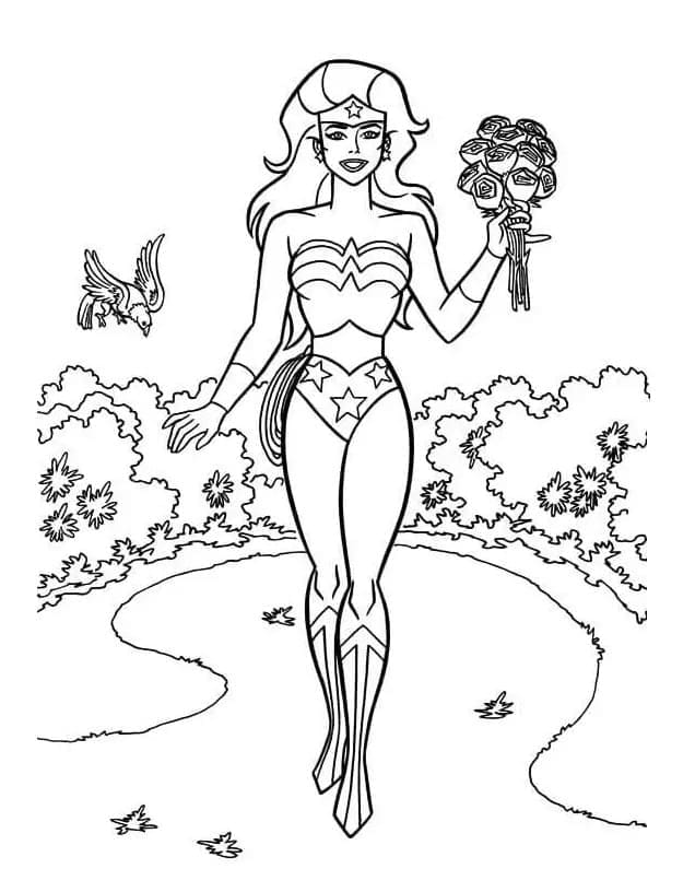 Desenho de Mulher Maravilhá com Flores para Colorir