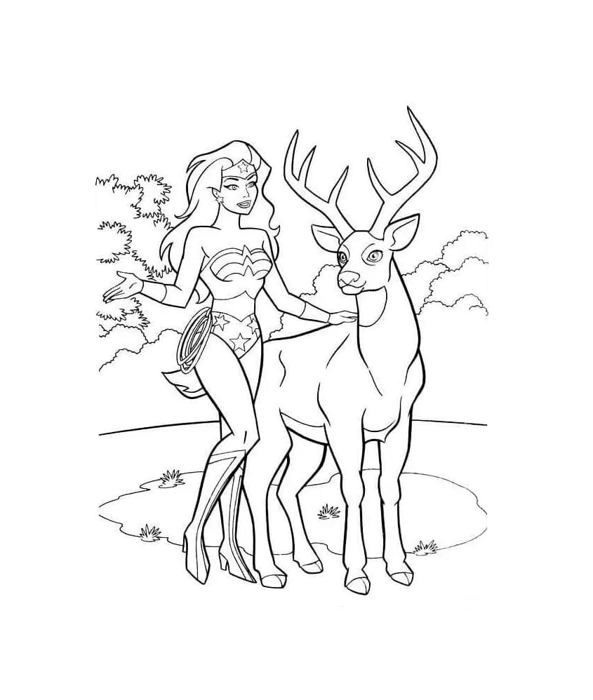 Desenho de Mulher Maravilhá e Veado para Colorir