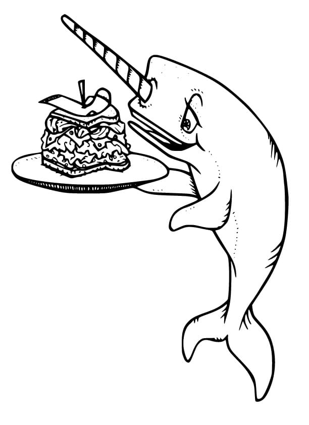 Desenho de Narval com um Bolo para Colorir