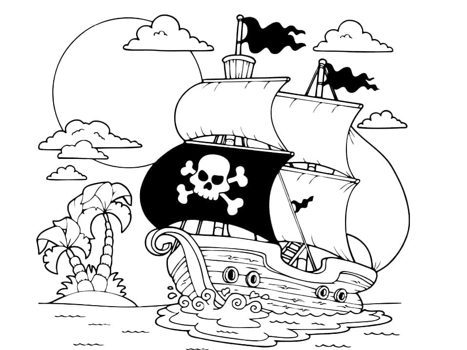 Desenho de Navio Pirata e Ilhá para Colorir