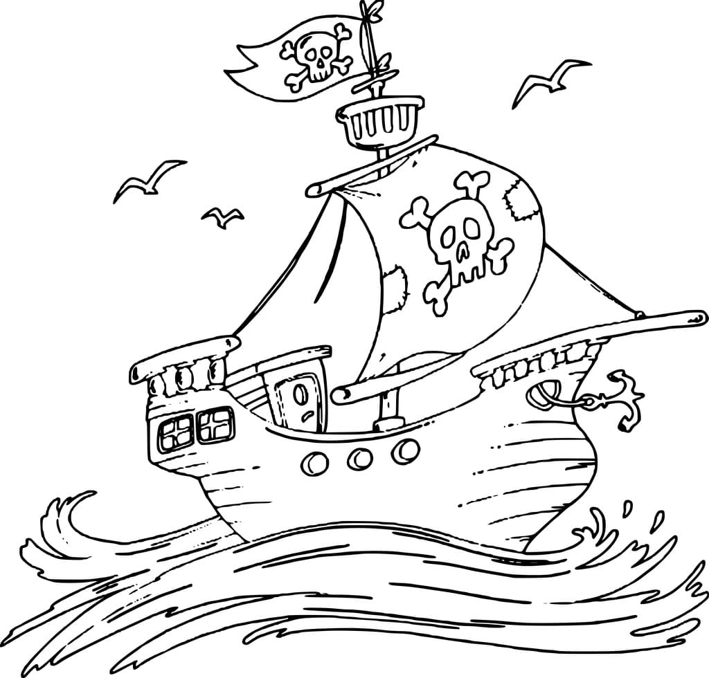 Desenho de Navio Pirata no Mar para Colorir