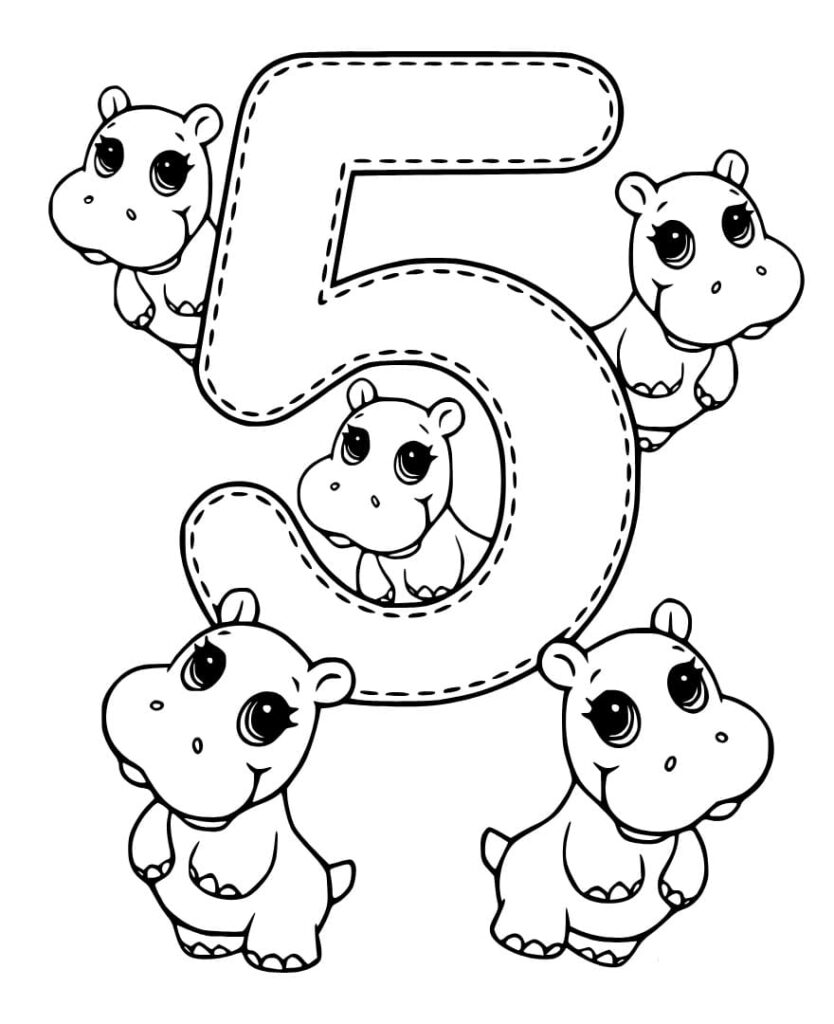 Desenho de Número 5 e Hipopótamos para Colorir