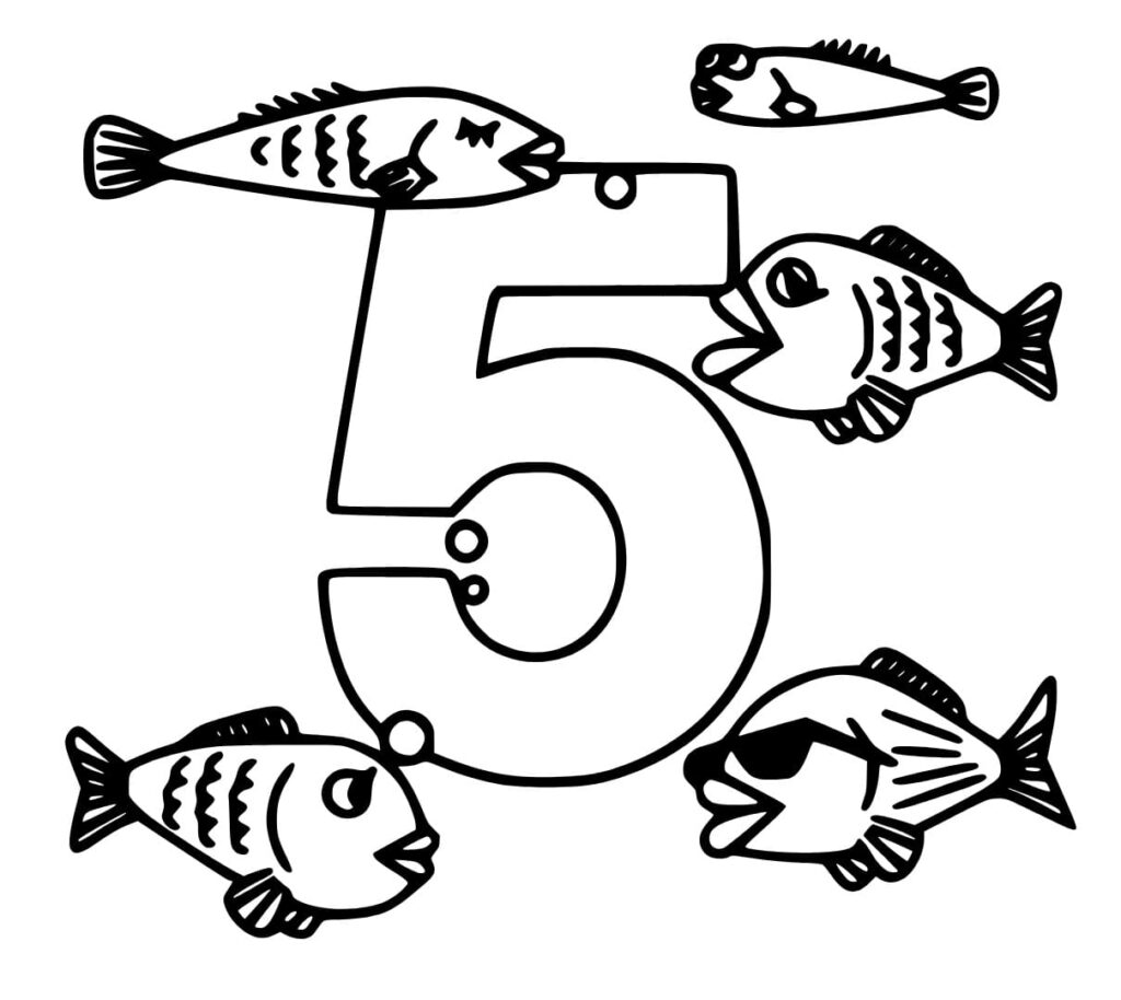 Desenho de Número 5 e Peixes para Colorir