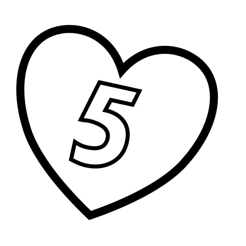 Desenho de Número 5 no Coração para Colorir