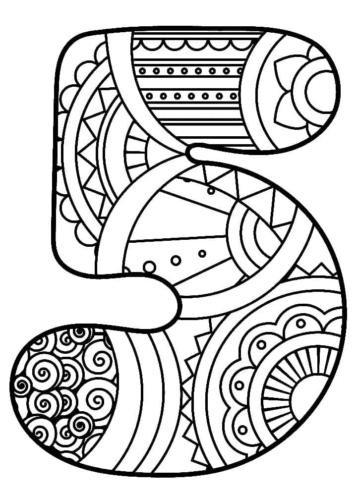 Desenho de Número 5 Zentangle para Colorir