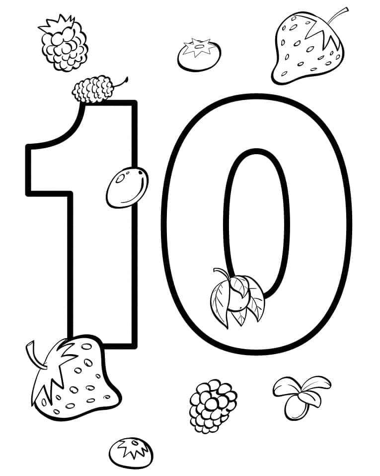 Desenho de Número 10 com Frutas para Colorir