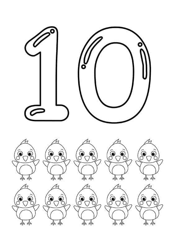 Desenho de Número 10 com Pintinhos para Colorir