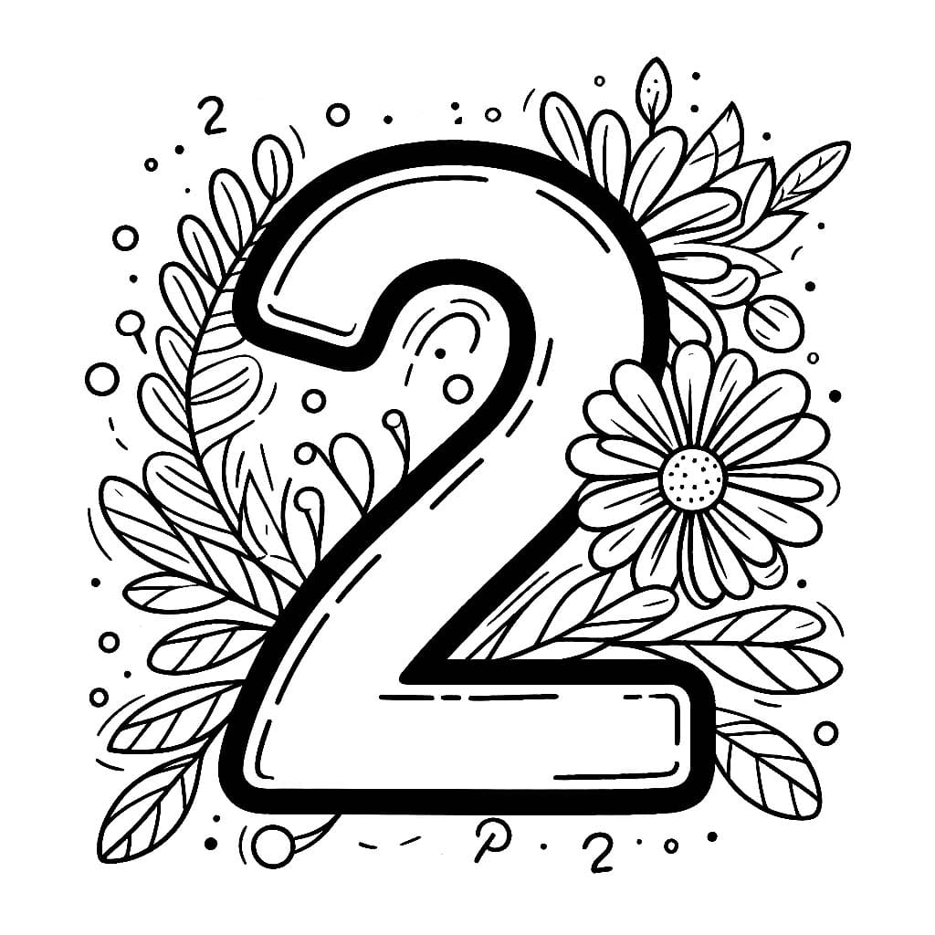 Desenho de Número 2 com Flor para Colorir