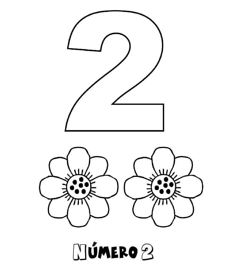 Desenho de Número 2 com Flores para Colorir