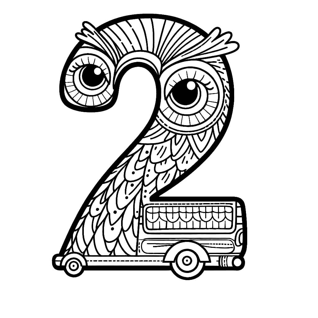 Desenho de Número 2 com Olhos de Coruja para Colorir