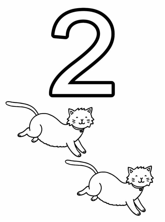 Desenho de Número 2 e Gatos para Colorir