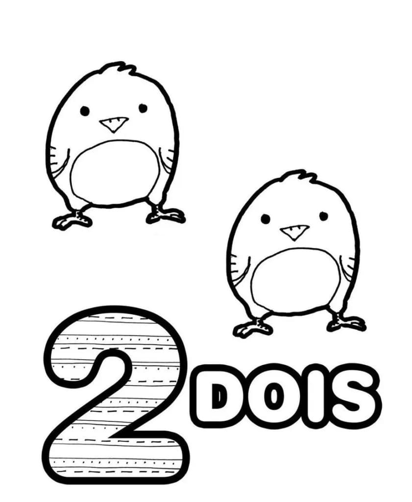 Desenho de Número 2 e Pintinhos para Colorir