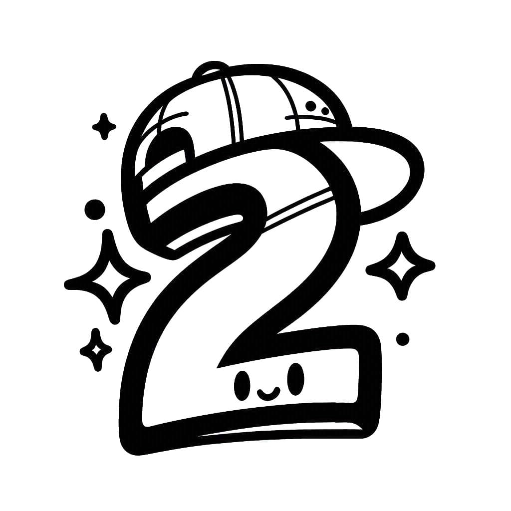 Desenho de Número 2 Use Chapéu Hip Hop para Colorir
