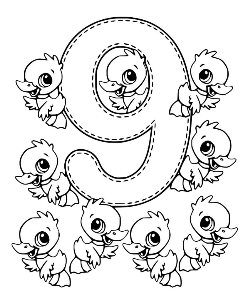 Desenho de Número 9 e Patos para Colorir
