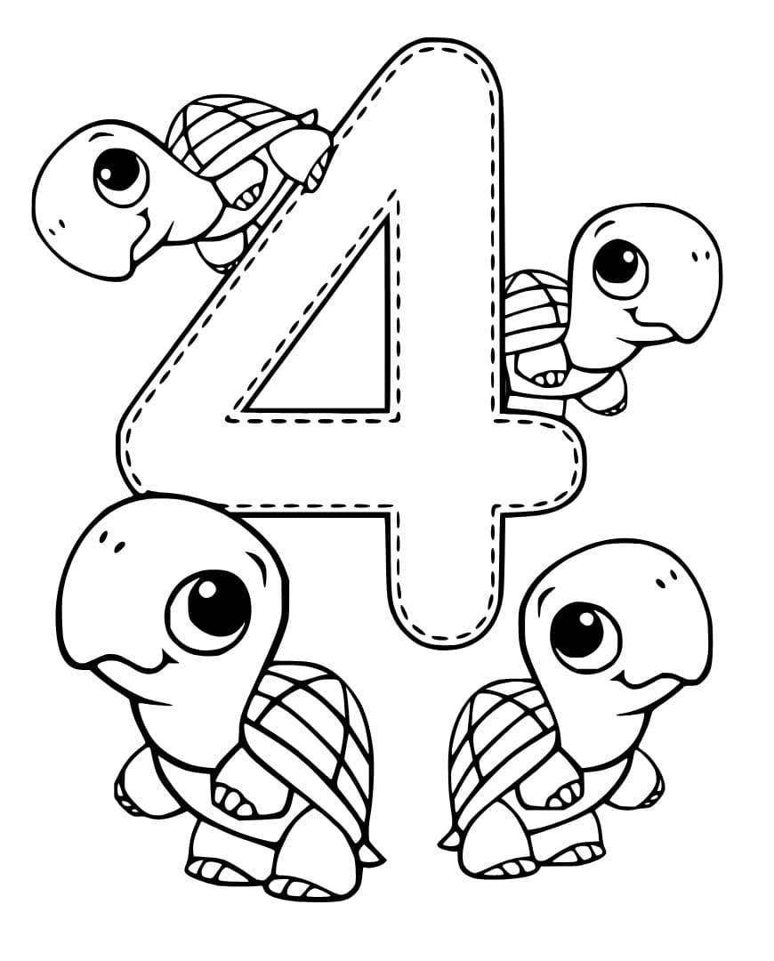 Desenho de Número 4 com Tartarugas para Colorir