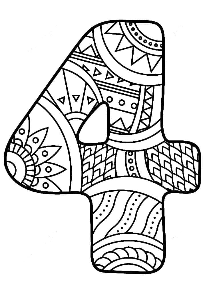 Desenho de Número 4 Zentangle para Colorir