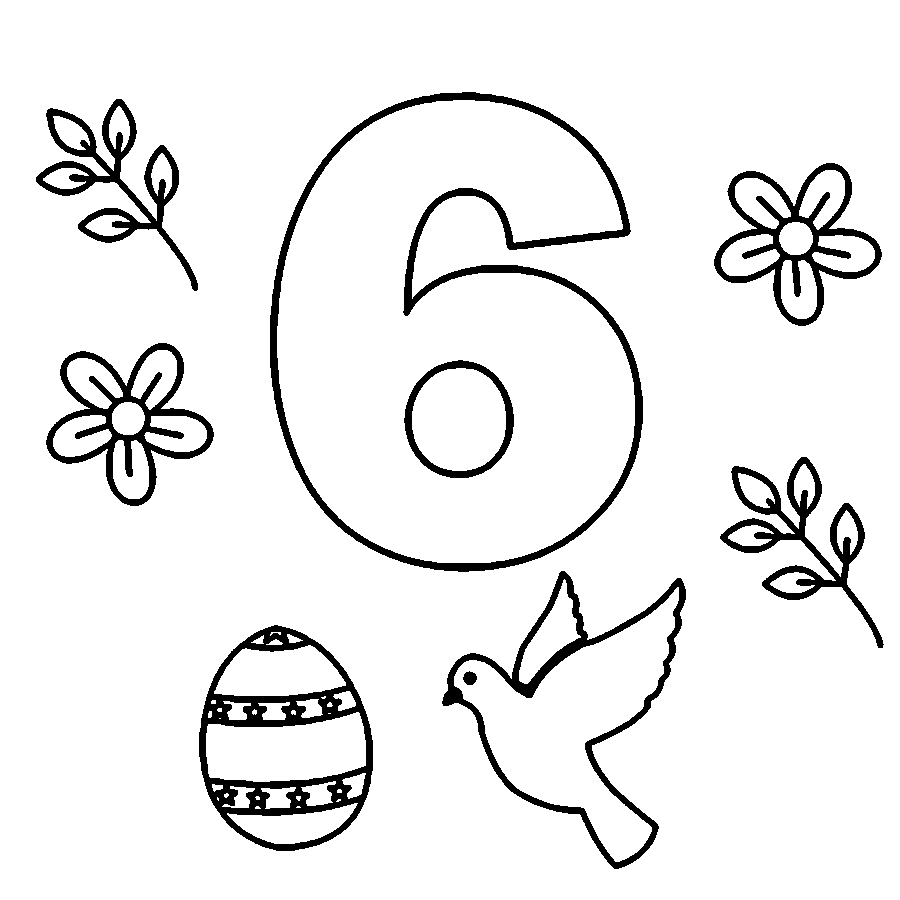 Desenho de Nú Mero 6 com Pássaros e Ovos para Colorir