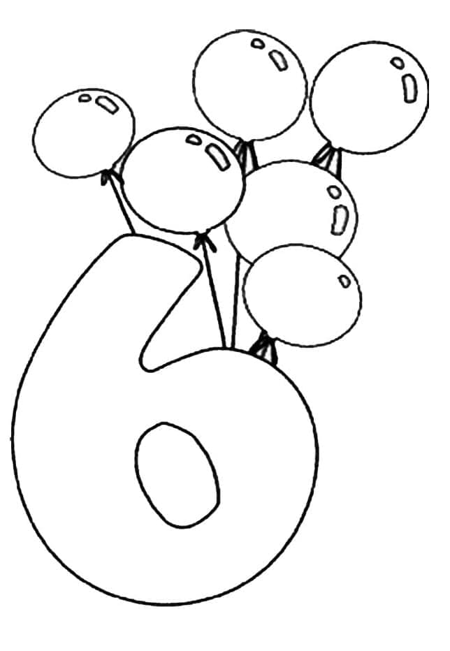 Desenho de Número 6 e Balões para Colorir