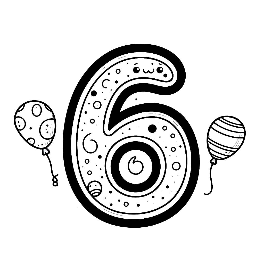 Desenho de Número 6 e Dois Balões para Colorir
