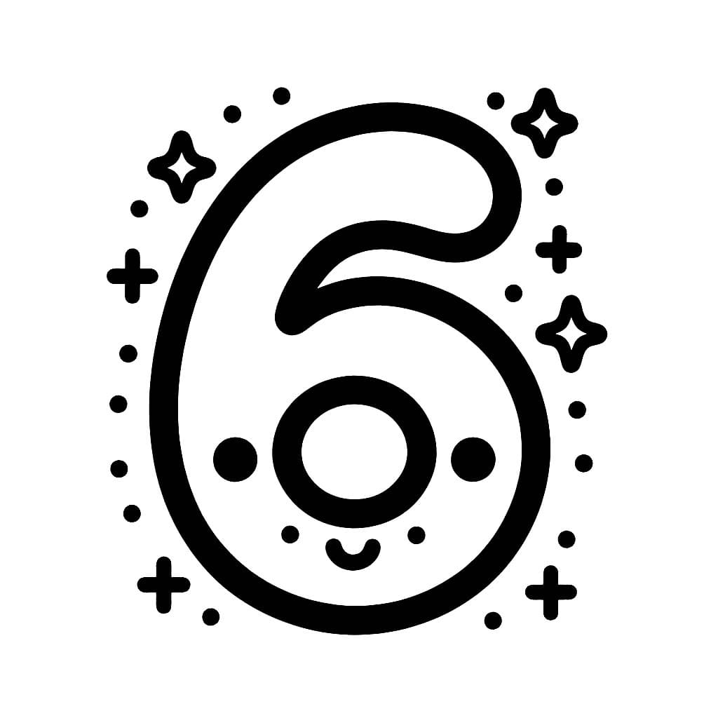 Desenho de Número 6 e Estrelá para Colorir