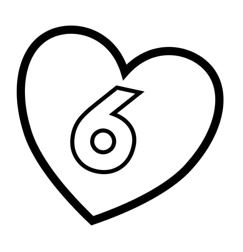 Desenho de Número 6 no Coração para Colorir