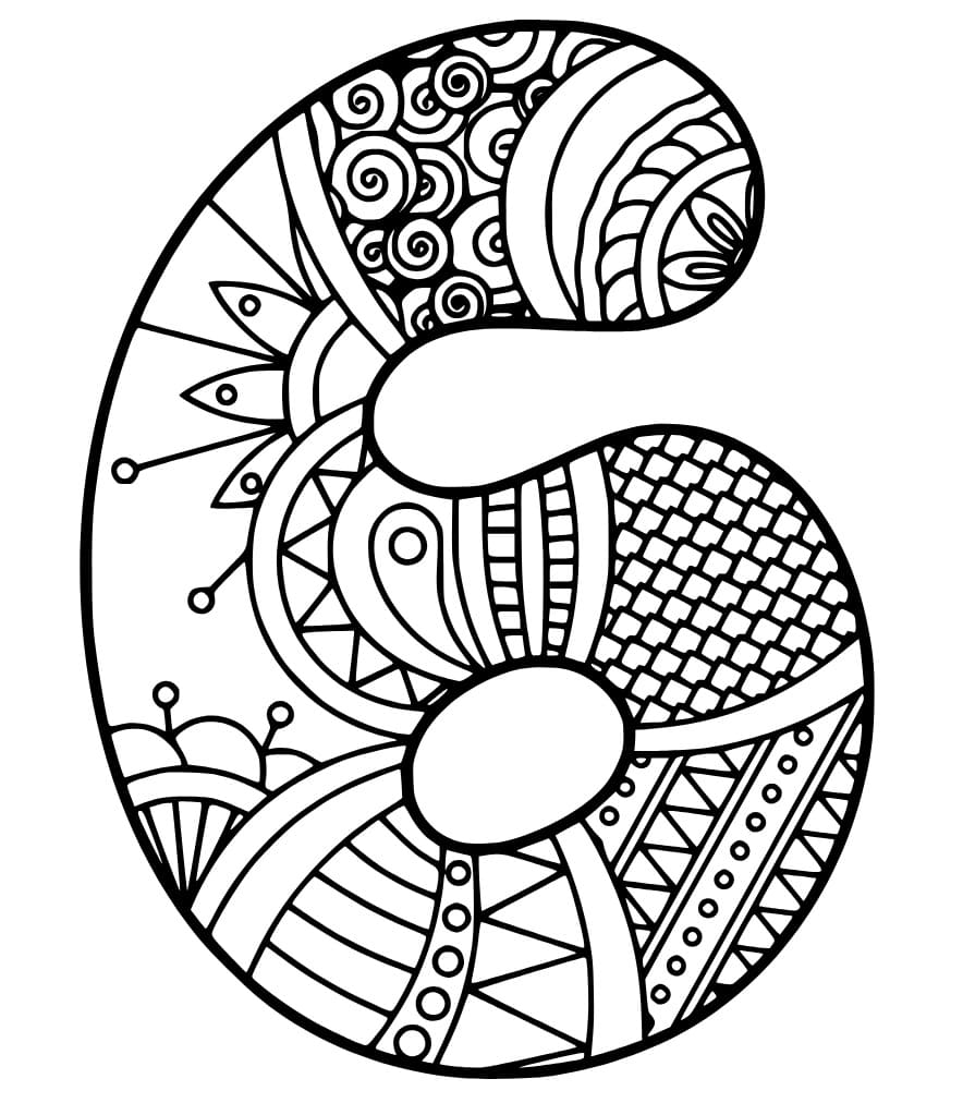 Desenho de Número 6 Zentangle para Colorir