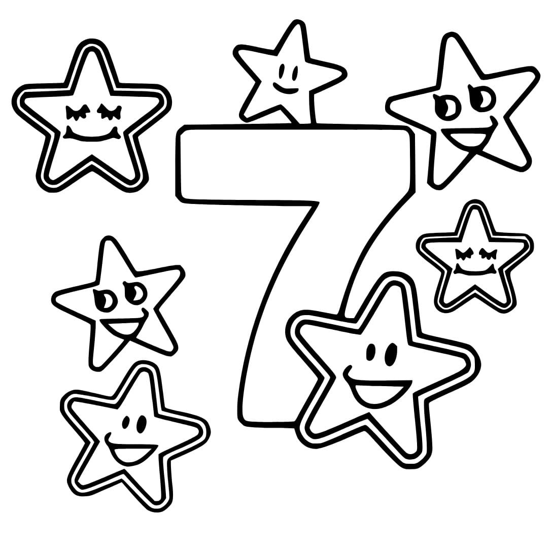 Desenho de Número 7 com Estrelas para Colorir