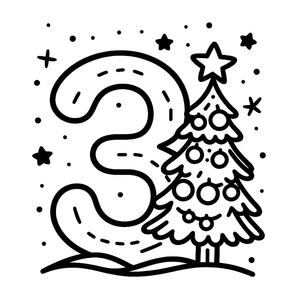 Desenho de Número 3 com Árvore de Natal para Colorir
