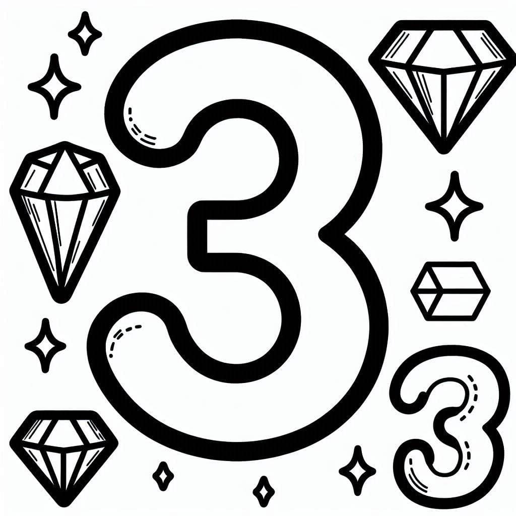 Desenho de Número 3 com Diamantes para Colorir