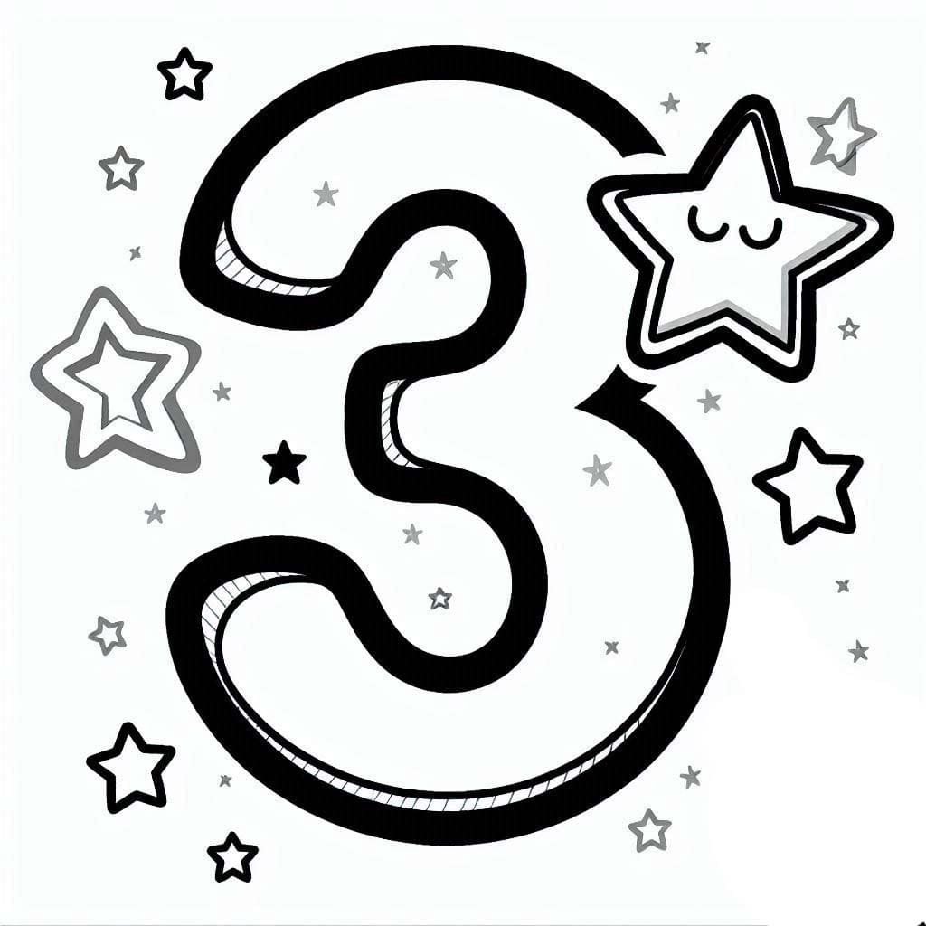 Desenho de Número 3 com Estrelá para Colorir