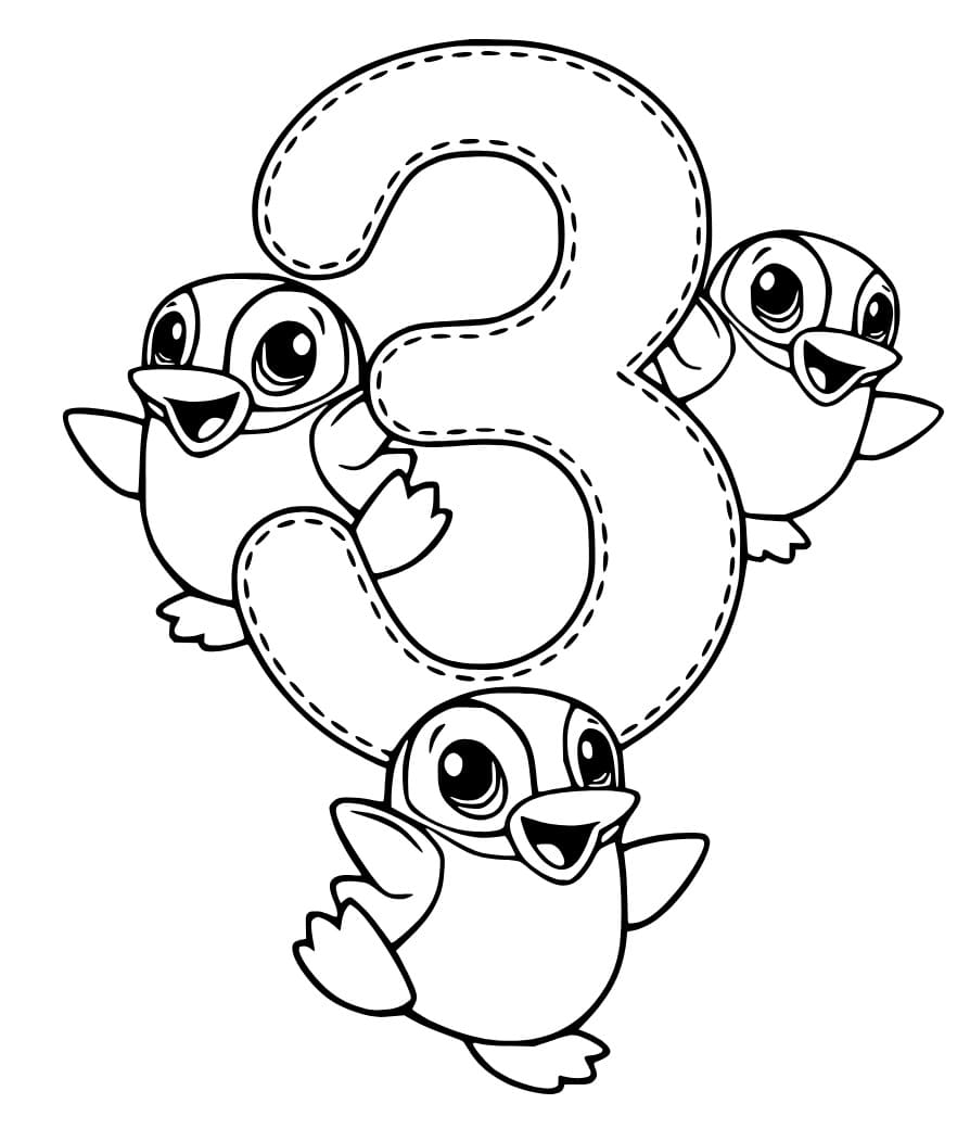Desenho de Número 3 com Pinguins para Colorir