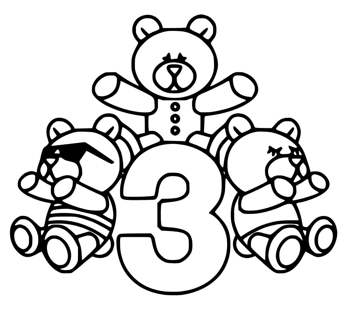 Desenho de Número 3 com Ursinhos de Pelúcia para Colorir