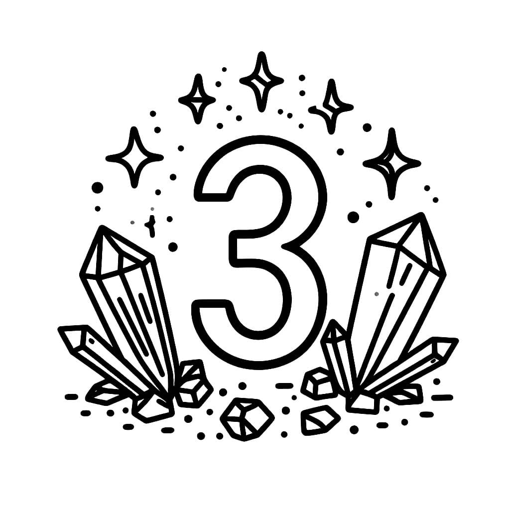 Desenho de Número 3 e Cristais para Colorir