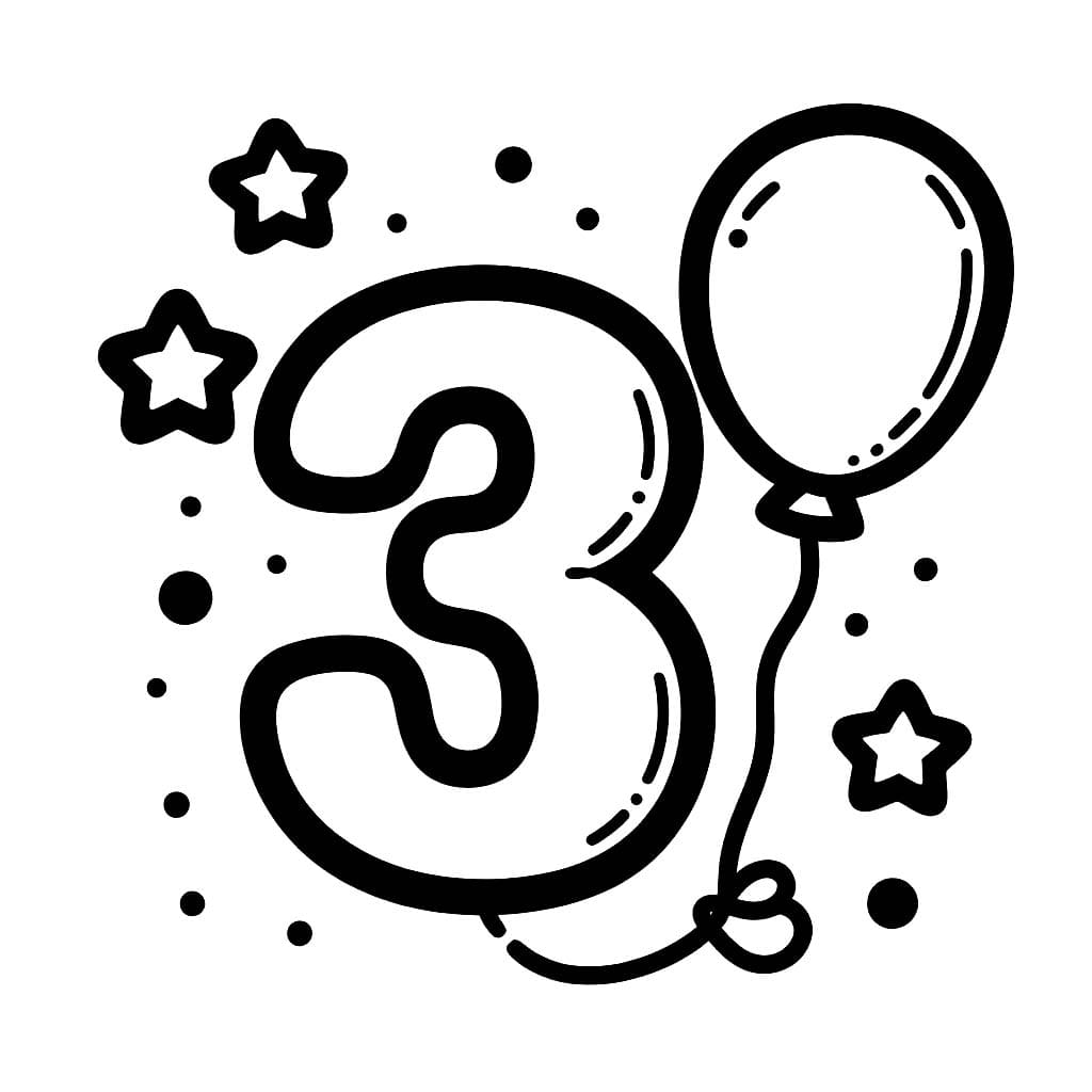 Desenho de Número 3 e Estrelá com Balões para Colorir
