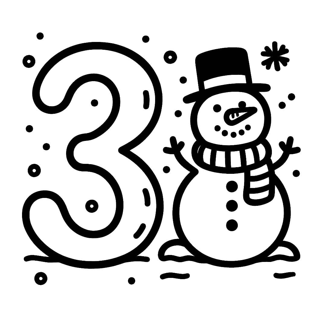 Desenho de Número 3 e o Boneco de Neve para Colorir