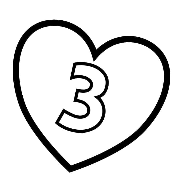 Desenho de Número 3 no Coração para Colorir