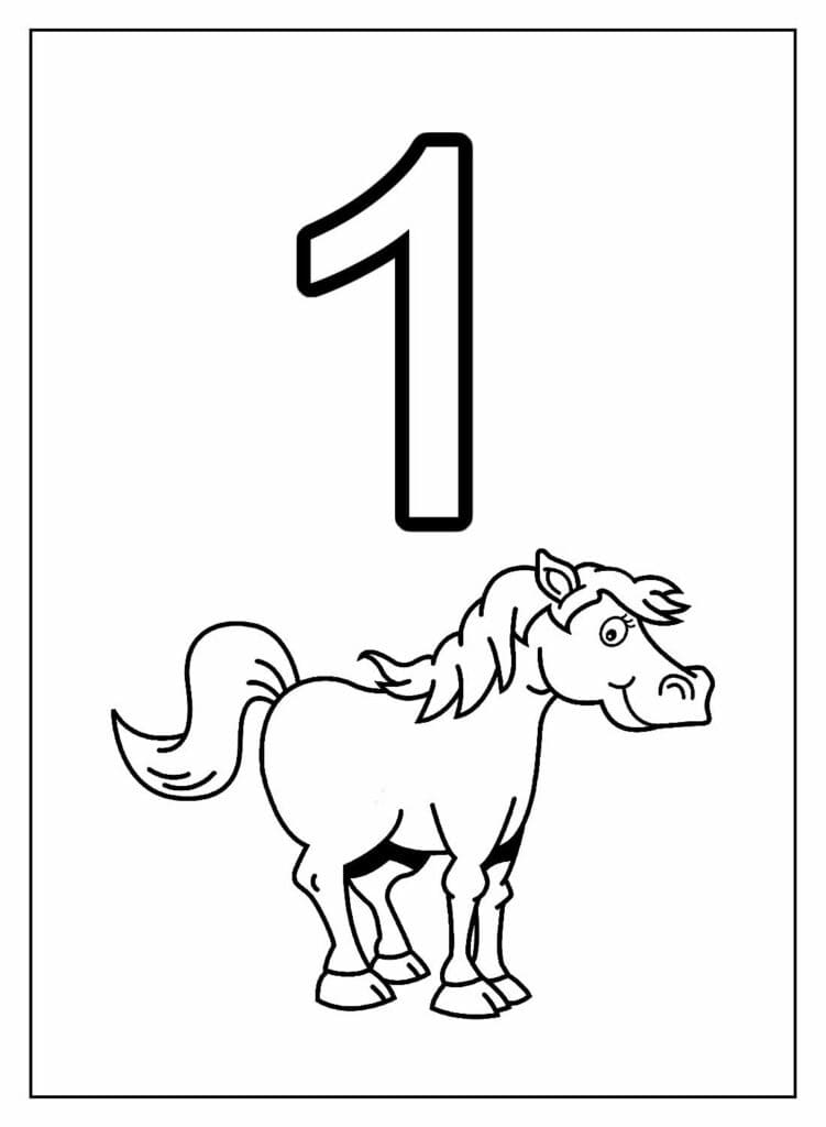Desenho de Número 1 e Cavalo para Colorir