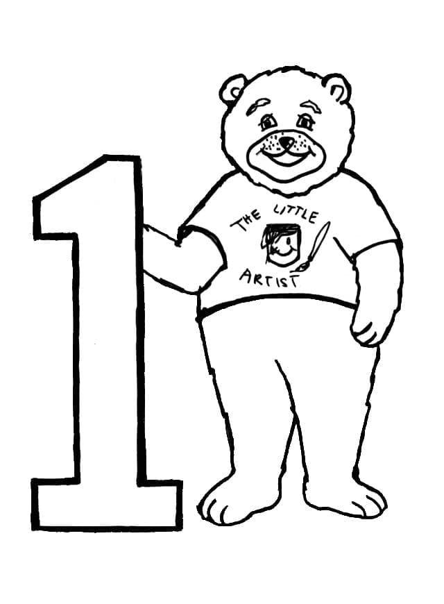 Desenho de Urso e Número 1 para Colorir