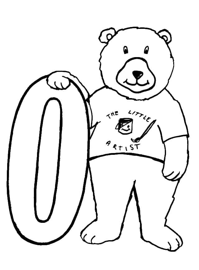 Desenho de Número 0 e um Urso para Colorir