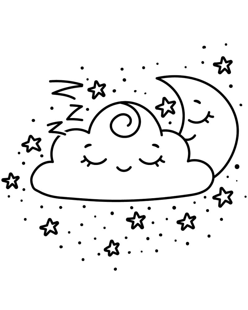 Desenho de Lua e Nuvem Felizes para Colorir